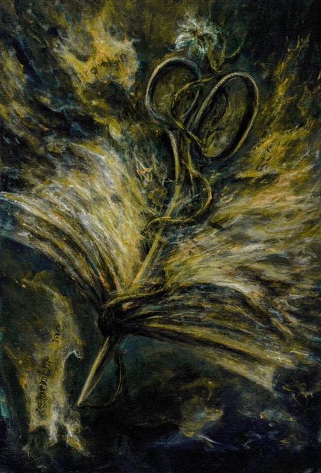 A dark, abstract acrylic painting on paper depicting a chaotic explosion of yellow, black, and white brushstrokes converging on a central heart-like form, evoking a sense of lingering significance after a conclusion. The piece, titled "The Last Edit," is signed in the lower left and offered as a limited NFT edition of 15 on the Tezos blockchain under the #iconæ collection, visually capturing the post's theme of an impactful moment's fading energy.