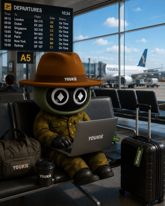 The image features a cartoon character wearing a hat with "youke" written on it sitting next to a suitcase, which appears to be a piece of luggage. The suitcase has tags attached to it, indicating that someone is traveling. A laptop computer is placed in front of the suitcase, suggesting that the traveler might be working or staying connected while away from home. In addition to these items, there are two cups and a backpack nearby, possibly containing personal belongings or travel essentials for the person using the luggage. The image also includes text about wallet abstraction and managing wallets on the Web3 challenge, which could be related to the cartoon character's story or context.
