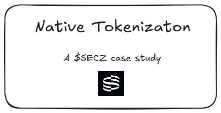 Title card reading "Native Tokenization - A $SECZ case study" with a stylized "S" logo on a light gray background.