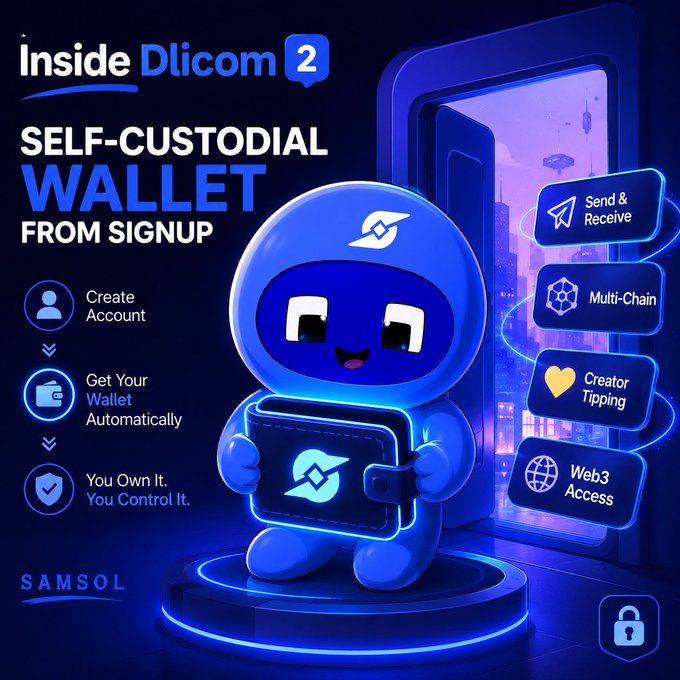 A promotional graphic for 'Inside Dlicom 2' highlighting a 'Self-Custodial Wallet from Signup' by Samsol, featuring a blue robot mascot and features like Send & Receive, Multi-Chain, Creator Tipping, and Web3 Access.