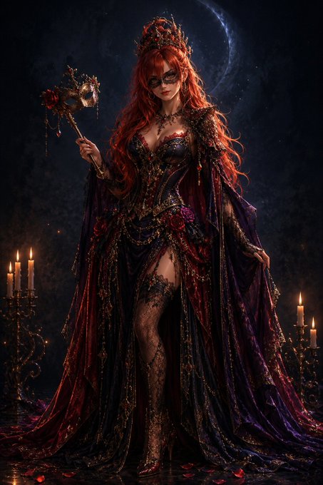 A fantasy-style portrait of a red-haired woman wearing an elaborate dark and crimson gown with lace details and a crown, holding a decorative staff in a candlelit setting.