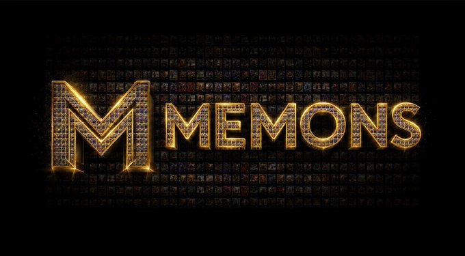 Glowing golden "MEMONS" text rendered in a digital, mosaic-style font against a dark grid of tiny collectible thumbnails, visually introducing the upcoming digital collectibles capsule platform teased in the post.