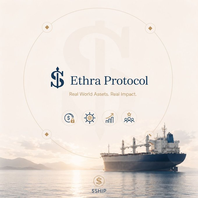 A promotional image for Ethra Protocol featuring its logo, tagline "Real World Assets. Real Impact.," and four icons symbolizing security, navigation, growth, and community, set against a backdrop of a cargo ship at sunset with the ticker "$SHIP" displayed below. The image visually reinforces the post's message about Ethra's authentic approach to tokenizing real-world shipping assets, highlighting the maritime foundation behind the project through the prominent vessel imagery and "$SHIP" ticker.