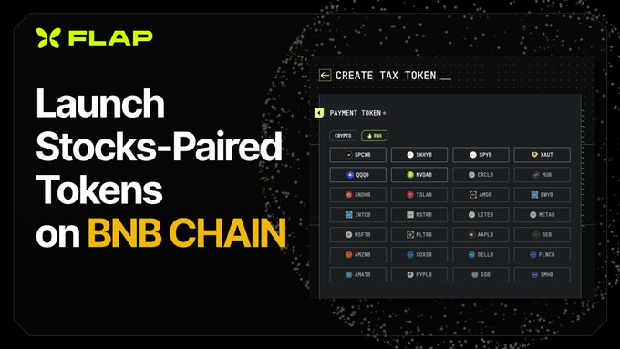 The image promotes FLAP's new feature for launching stocks-paired tokens on the BNB Chain, showing a "CREATE TAX TOKEN" interface with a payment token selection menu displaying popular bStocks like $SPCKR, $XAUT, $QQQQ, $TSLAB, $AMZN, $MSKR, and $AAPL as available quote pair options for token creation.