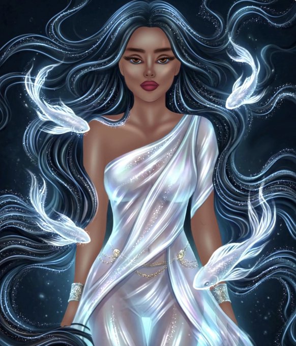 A digital illustration shows a woman with flowing dark hair and a white gown, accompanied by ethereal fish-like creatures swimming among her tresses.