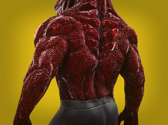 Digital artwork showing the muscular, textured back of a red, monstrous humanoid figure against a solid yellow background.