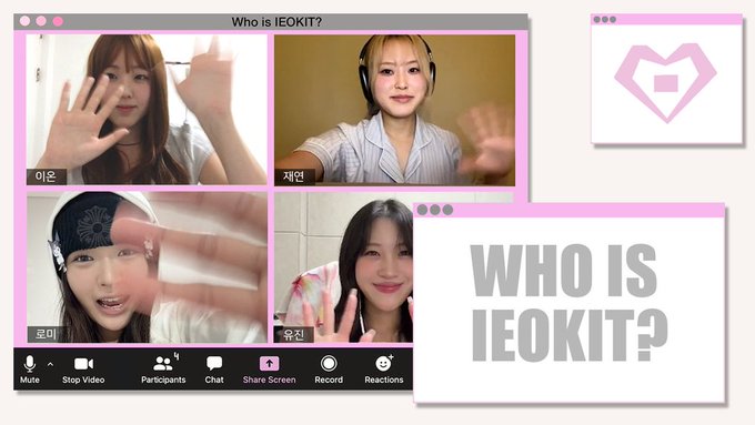 A video call interface titled "Who is IEOKIT?" featuring four participants (이은, 재연, 로이, 유리) in a pink-themed window with a logo and "WHO IS IEOKIT?" text.