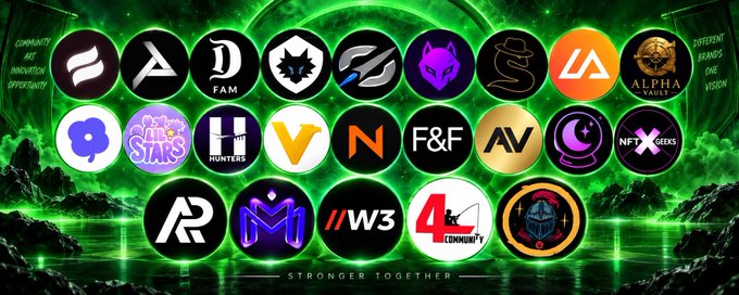 A graphic displaying numerous crypto project logos with the text 'COMMUNITY AND INNOVATION OPPORTUNITY' and 'STRONGER TOGETHER' set against a green background.