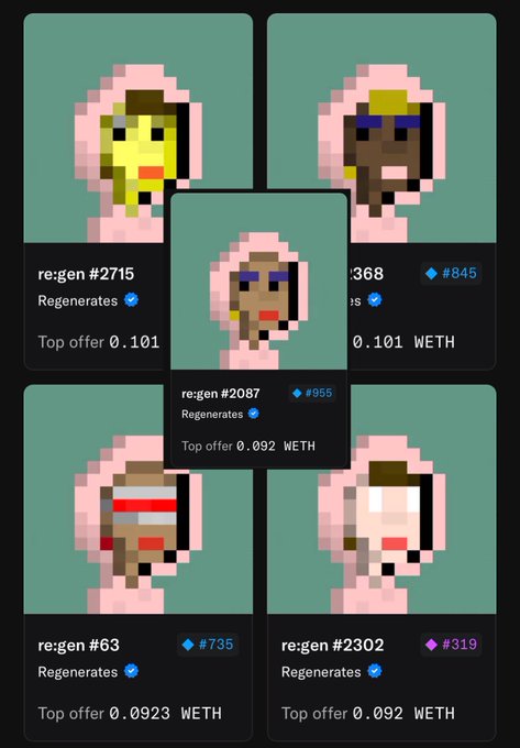 A screenshot of an NFT marketplace showing five pixel art portraits of diverse characters in pink hoods, with listings labeled 're:gen #2715', 're:gen #2087', and others, showing top offers in WETH.