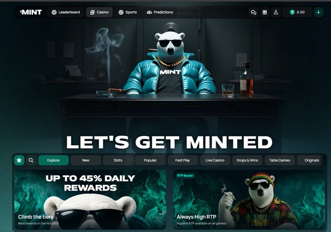 The homepage of a gambling website called MINT featuring an anthropomorphic polar bear mascot in sunglasses and a teal jacket, with navigation for Casino, Sports, and Predictions, and a banner advertising 'UP TO 45% DAILY REWARDS'.