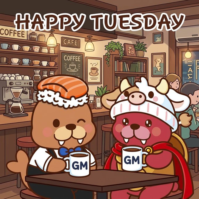 A cartoon illustration of two cute characters—a brown bear wearing an orange hat and a red bear in a cow costume—sitting in a coffee shop holding mugs labeled 'GM' under the text 'HAPPY TUESDAY'.