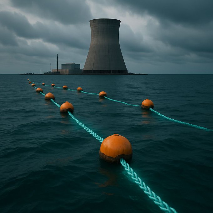 A cooling tower of a nuclear or industrial facility in the distance, with orange buoys connected by glowing teal chains floating on the dark ocean water in the foreground.