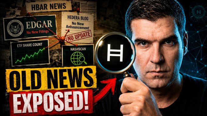 The image is a YouTube thumbnail featuring a man holding a magnifying glass over an "H" symbol, with a corkboard behind him displaying clippings labeled "HBAR NEWS," "EDGAR - No New Filings," "HEDERA BLOG - No New Announcement," "NO UPDATE," "ETF SHARE COUNT," and "HASHSCAN," alongside bold text reading "OLD NEWS EXPOSED!"—visually reinforcing the video's message that the HBAR news being circulated is outdated.