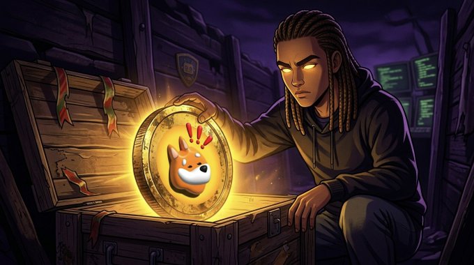 A young man with glowing yellow eyes and dreadlocks kneels beside an open treasure chest, reaching for a glowing golden coin featuring the BONK dog mascot with a handprint design, set against a dark wooden cabin backdrop with a monitor displaying data. The image visually represents the discovery and excitement of receiving an early BONK token drop, capturing the "treasure hunt" moment referenced in the post.