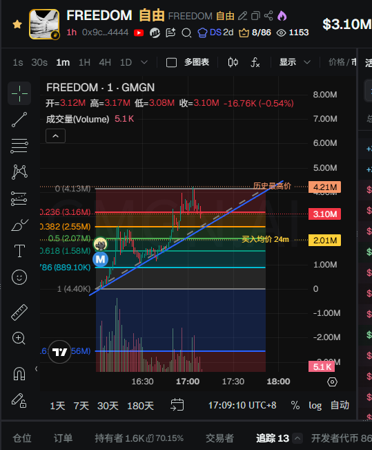 The image shows a candlestick chart for the meme coin **$FREEDOM** (ticker: FREEDOM, contract 0x9c...4444) on GMGN, displaying a 24-hour price range from a low of $2.01M to a high of $3.17M with current price at $3.10M (-0.54%), alongside volume of 5.1K and an upward blue trendline.

The chart visually supports the post's claim of a volatile "to the moon or zero" scenario, showing $FREEDOM climbing along the trendline with a 1.58M support level noted as a key entry point for "grabbing a wave" on the bet.