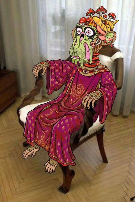 A psychedelic illustration of a figure in a magenta robe with mushrooms and fruit on its head, sitting in a vintage chair.