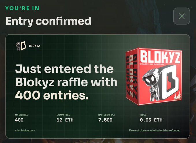 A confirmation screen showing "Just entered the Blokyz raffle with 400 entries" with 400 entries purchased at 0.03 ETH each (12 ETH committed) on mint.blokyz.com. The image directly illustrates the poster's tweet about throwing spare ETH into the @OriginalBlokyz raffle alongside friends, capturing the moment of entry into the NFT collection draw.