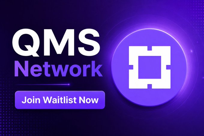 A promotional graphic for "QMS Network" featuring a purple background with a stylized blockchain icon, displaying a "Join Waitlist Now" button alongside the tagline promoting their post-quantum Layer-1 blockchain waitlist opportunity.