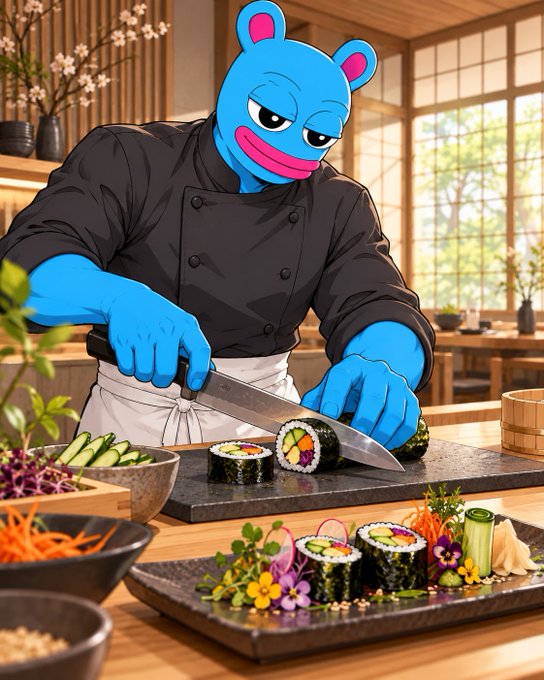 A blue bear chef in a black coat and white apron expertly slices fresh sushi rolls on a dark cutting board, surrounded by colorful garnishes and prep bowls in a sunlit kitchen. The image captures the "time to cook" moment with vibrant artistry and culinary focus.
