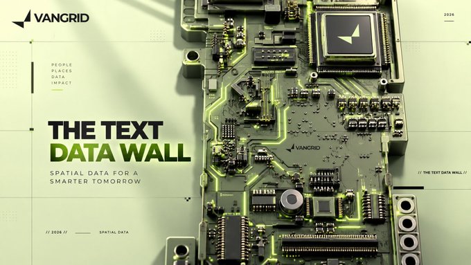 A green-tinted tech promotional graphic titled 'THE TEXT DATA WALL' by VANGRID, showing a circuit board with the tagline 'SPATIAL DATA FOR A SMARTER TOMORROW'.