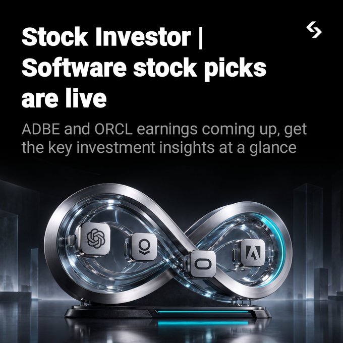 A promotional graphic for "Stock Investor" announcing that software stock picks are live, mentioning upcoming earnings for ADBE (Adobe) and ORCL (Oracle) with key investment insights. The image features an infinity-shaped metallic structure containing app icons set against a dark futuristic background, though it has no direct connection to the accompanying post about buying rTokens to earn a Mystery Box worth up to 2.5 $NVDA.