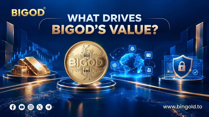 A BIGOD promotional graphic reading “WHAT DRIVES BIGOD’S VALUE?” with a BIGOD coin, gold bars, a digital globe, and security imagery; “www.bigod.to” appears at the bottom.
