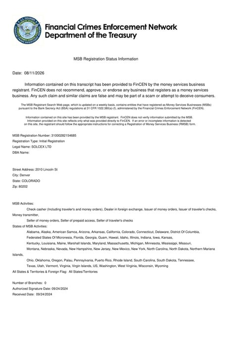The image displays an official MSB Registration Status Information document from the U.S. Financial Crimes Enforcement Network (FinCEN) Department of the Treasury, dated 09/24/2024, confirming that SOLCEX LTD (Registration Number 31000282154685) is registered as a Money Services Business in Denver, Colorado, authorized as an Initial Registration with an Authorized Signature Date of 09/24/2024. The document supports the accompanying post by providing verifiable, official proof of SolCex's legitimate registration with FinCEN as a Money Services Business.