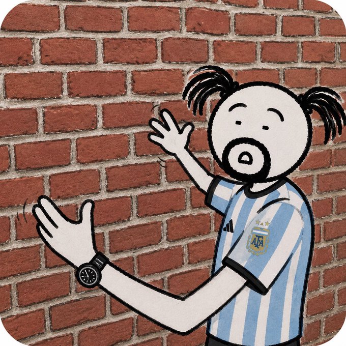 A hand-drawn cartoon character with pigtails wearing an Argentina (AFA) national team jersey, standing against a brick wall background with hands raised in a surprised or waving gesture.