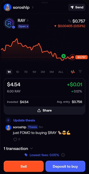A mobile app screenshot showing a RAY token trading view with a declining price chart at $0.757, indicating a 0.53% drop, with a note 'just FOMO to buying $RAY' under a thesis update.