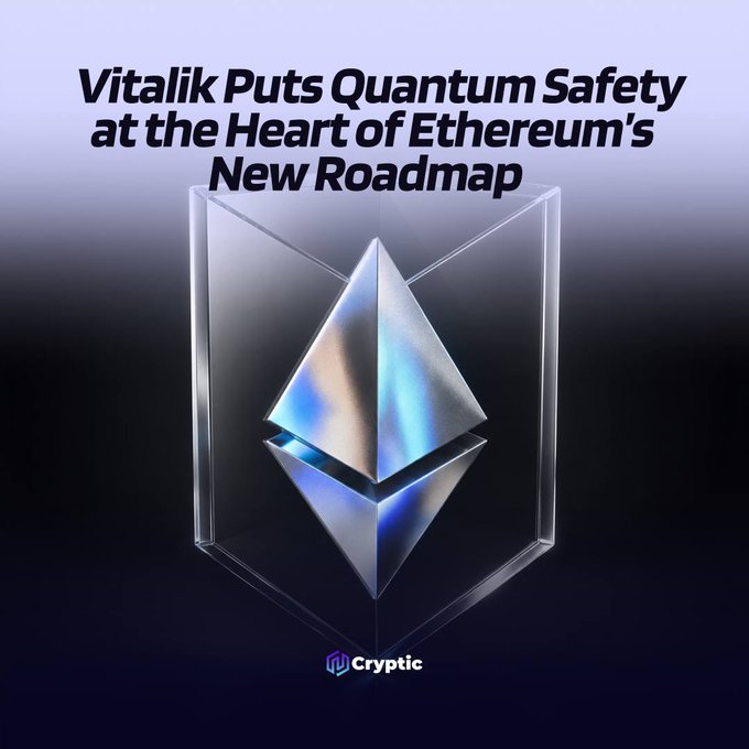 A graphic featuring the Ethereum logo encased in a glass shield, with the headline "Vitalik Puts Quantum Safety at the Heart of Ethereum's New Roadmap" and the Cryptic logo at the bottom, illustrating Vitalik Buterin's updated Ethereum roadmap that emphasizes quantum safety alongside other priorities like privacy and native rollups.