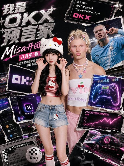 A promotional graphic for OKX ("我是 OKX 预言家") featuring a woman in a Hello Kitty outfit, a man with face gems, Erling Haaland, and references to OKX Wallet, Layer Exchange OS, and Prediction Market.