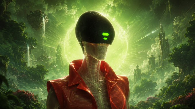 A futuristic humanoid figure with a smooth black helmet featuring glowing green lights stands against a vibrant green cosmic backdrop with waterfalls and floating islands.