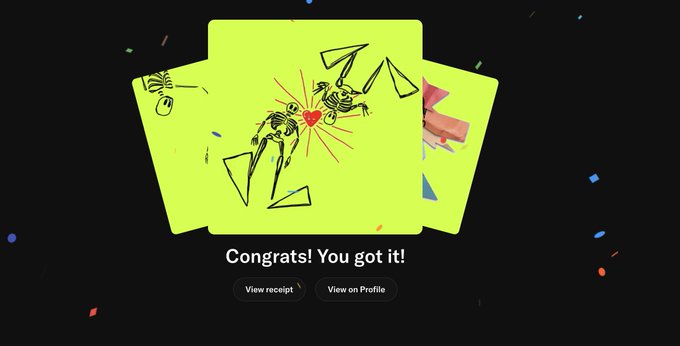 A celebratory screen displays "Congrats! You got it!" over a neon green card featuring a skeletal figure with a heart, alongside buttons to "View receipt" and "View on Profile," confirming the successful acquisition of one of the limited 1/1 Skelly Hood NFTs from the @skelly_hood collection.