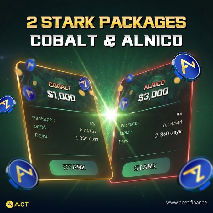 Promotional graphic for '2 Stark Packages: Cobalt & Alnico' from acet.finance, showing the Cobalt package at $1,000 (Package #3, MPM 0.04167) and the Alnico package at $3,000 (Package #4, MPM 0.14444), both with 2-360 days duration.