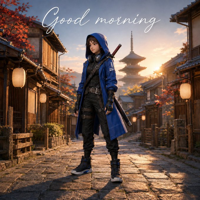 A hooded warrior in a blue coat stands on a lantern-lit stone path in a traditional Japanese village at sunrise, with "Good morning" written in cursive script at the top, evoking a fresh start and clean slate—mirroring how Kaito AI clears the cluttered "information silos" of crypto research by providing a single, unified interface for decentralized data.