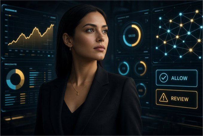 A digital illustration of a woman in a black blazer standing before futuristic data dashboards showing financial charts, neural network visualizations, and buttons labeled 'ALLOW' and 'REVIEW'.