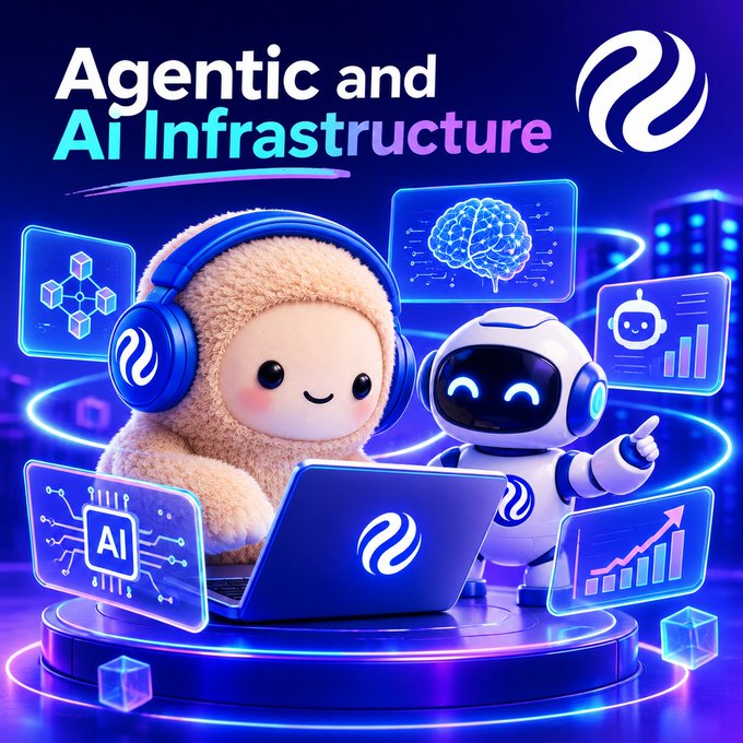 A vibrant 3D digital illustration features a fluffy mascot character wearing blue headphones next to a white robot, both using a laptop, surrounded by glowing 'AI' tech graphics under the text 'Agentic and AI Infrastructure'.
