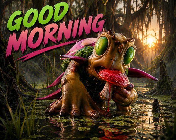 A surreal digital artwork of a creature with green eyes and a textured body holding and eating a large red mushroom in a swampy forest setting, with 'GOOD MORNING' text in pink and green.