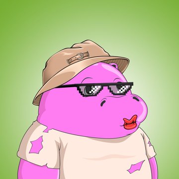 A cartoon illustration of a pink hippo character wearing a beige bucket hat, pixelated sunglasses, and a white t-shirt with pink stars, set against a green gradient background.