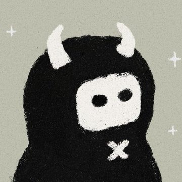 A simple illustration of a black, hooded figure with white horns, two dot eyes, and a small cross on its chest, surrounded by white plus-sign sparkles.