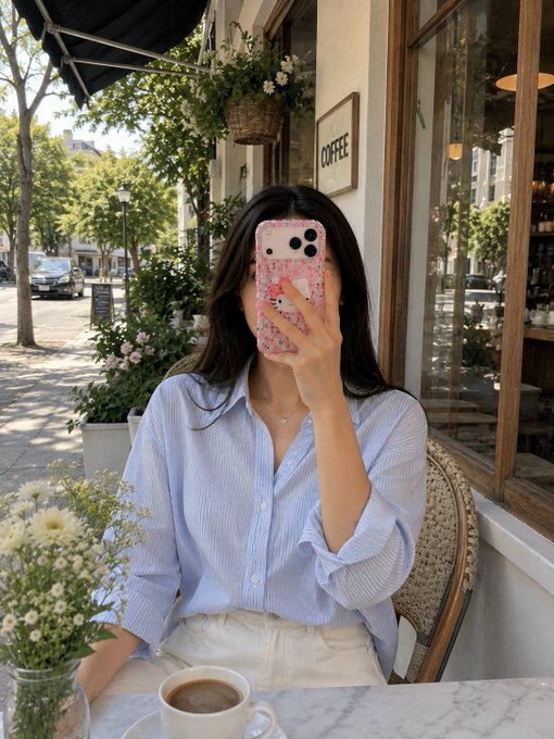 A woman takes a mirror selfie at an outdoor café, wearing a light blue striped button-up shirt and holding a pink floral-patterned phone case, with a "COFFEE" sign visible behind her.

The image relates to the post as a relaxed morning coffee shop moment, fitting the "new day" theme and inviting "GM" (good morning) energy before discussing a potential big win.