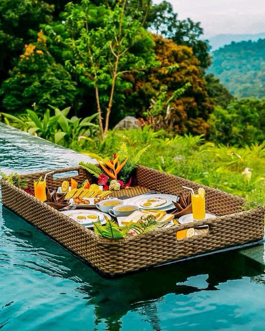 A floating breakfast tray in a woven basket served in an infinity pool, featuring a variety of dishes and orange juice, with lush green tropical mountains in the background.