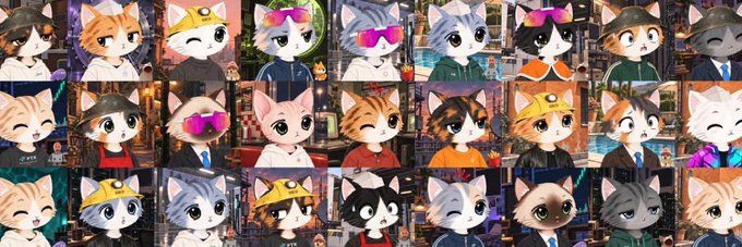 The image is a colorful collage featuring multiple cute cartoon cat characters with various accessories including sunglasses, hats, and different outfits, arranged in a grid pattern.