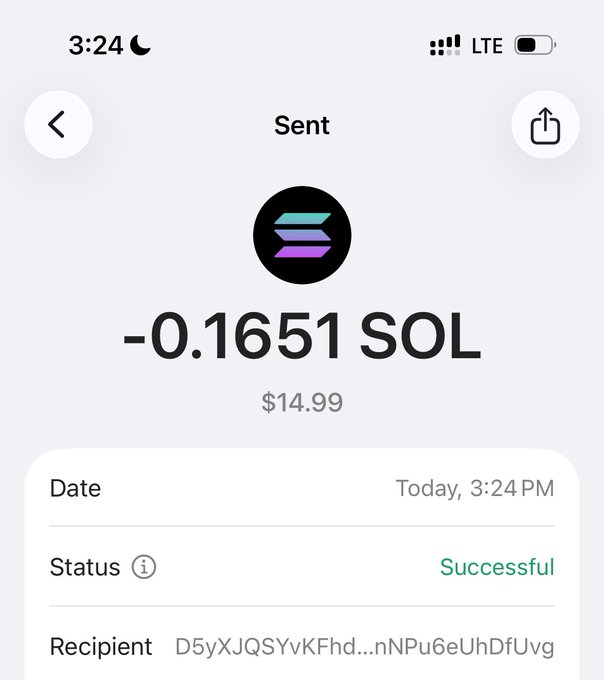 A screenshot of a successful crypto transaction showing a transfer of -0.1651 SOL ($14.99) sent today at 3:24 PM to wallet recipient "D5yXJQSYvKFhd...nNPu6eUhDfUvg," with the Solana logo displayed, confirming the prize payment sent to @_PeterGriffy.