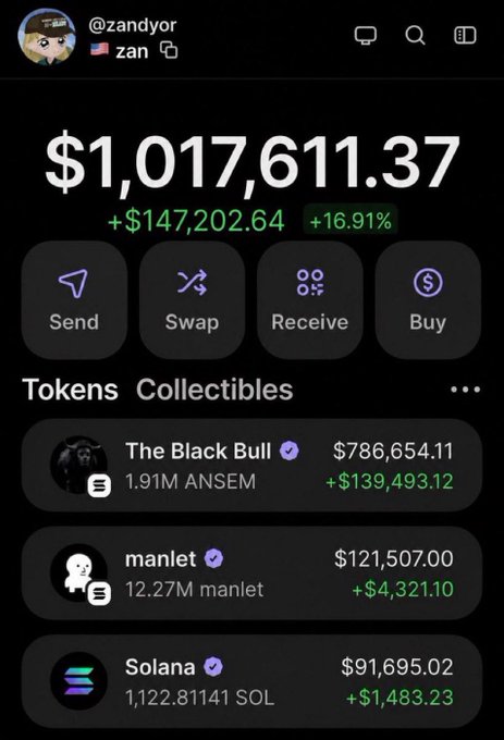 A crypto wallet screenshot shows a portfolio valued at $1,017,611.37 with a +$147,202.64 (+16.91%) gain, prominently featuring $786,654.11 worth of "The Black Bull" token ($ANSEM), $121,507 in manlet, and $91,695.02 in Solana (SOL)—purportedly illustrating the wealth gains referenced in the post's claim that $ANSEM "changed my life."