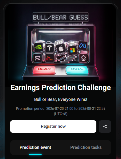 A promotional mobile screen for an "Earnings Prediction Challenge" titled "Bull/Bear Guess" asks users to predict whether stocks will be bullish or bearish, running from 2026-07-20 to 2026-08-31 (UTC+8). The image features tech and company logos like NVIDIA, Tesla, Apple, Microsoft, Meta, and others displayed above red "Bear" and blue "Bull" buttons, tying into the poster's discussion of market sentiment around stocks like $MRVL and SK Hynix.