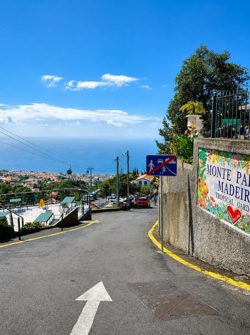 A steep downward road in Madeira leads toward the ocean, with a colorful mural reading "MONTE PAL... MADEIRA TROPICAL GAR..." on a wall to the right, fitting a "GM EVERYONE" morning greeting from a scenic hillside viewpoint.
