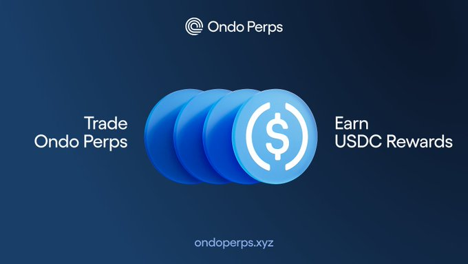 A promotional graphic for Ondo Perps featuring the "Ondo Perps" logo at the top, a central illustration of blue USDC coin tokens, and the tagline "Trade Ondo Perps / Earn USDC Rewards," with the website "ondoperps.xyz" displayed at the bottom—visually reinforcing the post's announcement of 150k USDC weekly rewards for trading stocks, ETFs, and commodity perps.