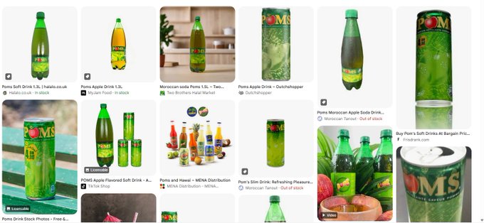 A grid of search results showing various Poms soft drink bottles and cans in green packaging from different vendors including Poms Soft Drink, DutchHopper, and others.