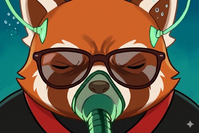 An illustration of a red panda wearing sunglasses and a snorkel mask, appearing to breathe through a green tube.